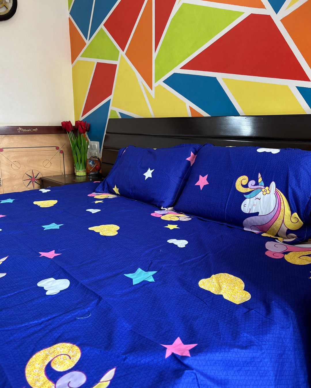 Royal Blue Unicorn & Star Print King Size Bedsheets HOME SAARTHI
