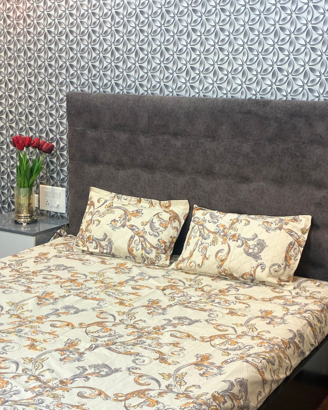 Ivory & Mustard Ornamental Floral King Size Bedsheets with Quilted Pillow Covers HOME SAARTHI