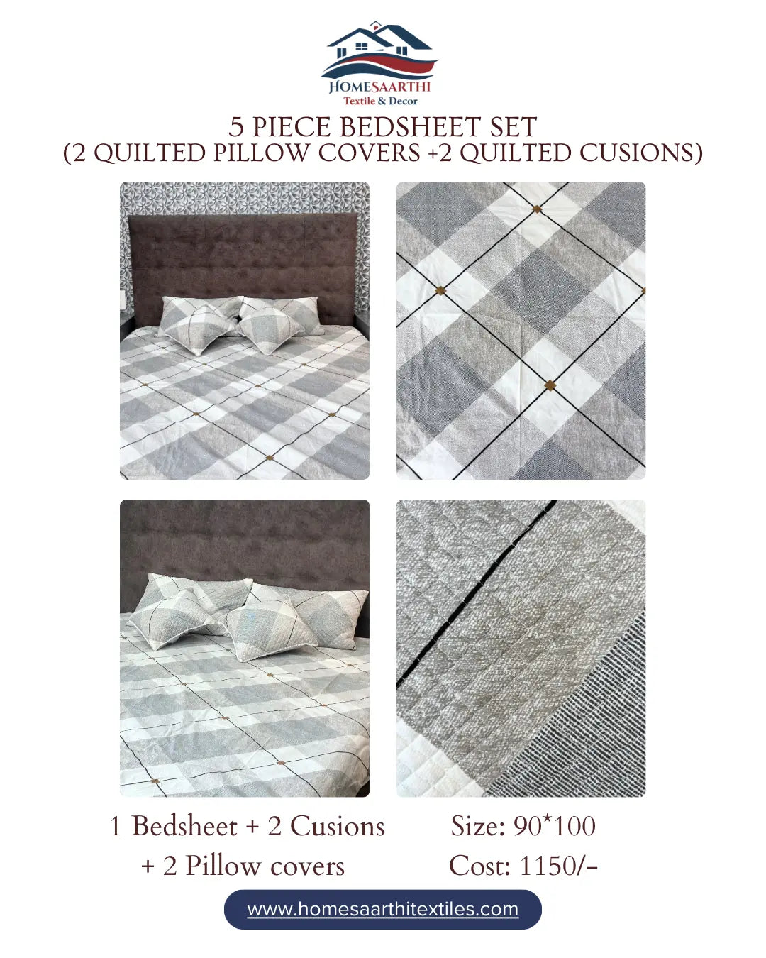 Premium 5-Piece Plaid Bedsheet Set - Classic Grey & White - Quilted Pillow & Cushion Covers HOME SAARTHI