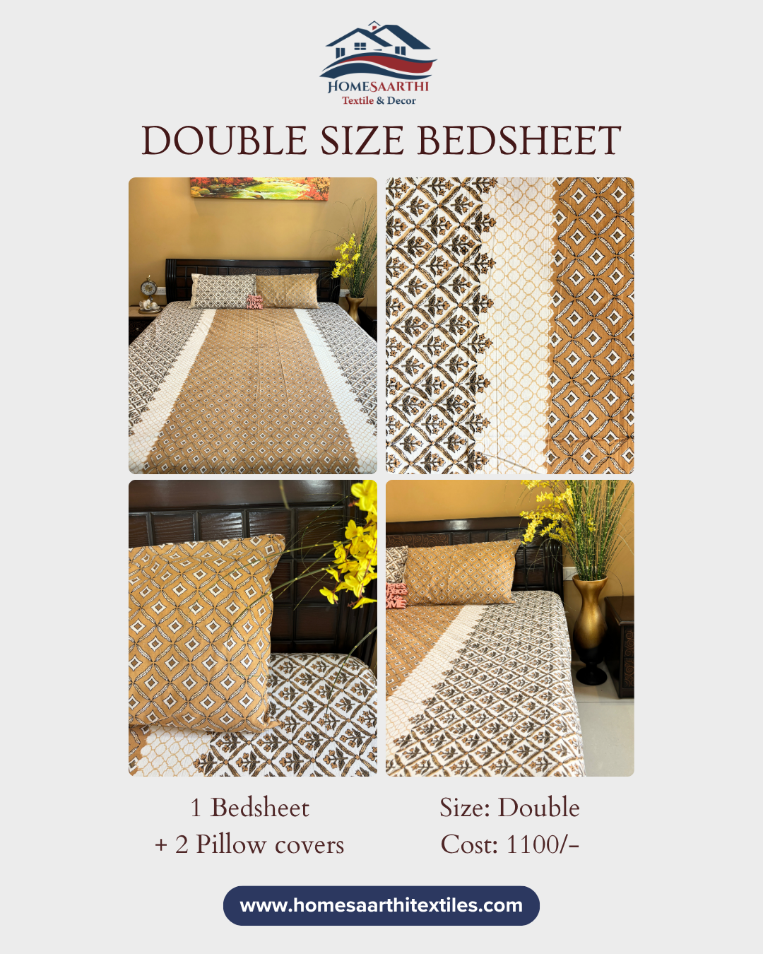 Mustard and Cream Geometric Block Print Double Size Cotton Bedsheet HOME SAARTHI