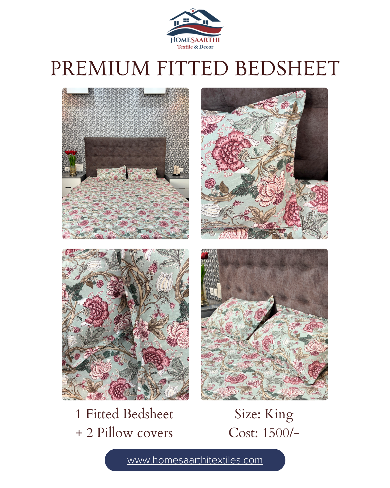 Mint Green & Pink Floral Premium King Fitted Bedsheet With 2 Pillow Covers HOME SAARTHI