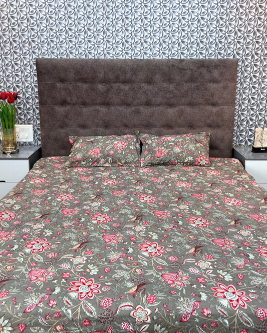 Grey & Pink Floral Premium King Fitted Bedsheet With 2 Pillow Covers