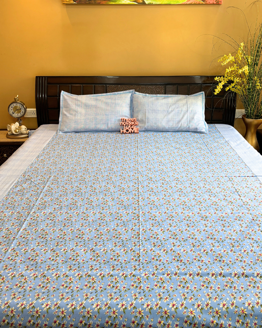 Sky Blue Floral Pinteresty Double Size Cotton Bedsheet HOME SAARTHI
