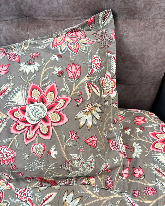 Grey & Pink Floral Premium King Fitted Bedsheet With 2 Pillow Covers HOME SAARTHI
