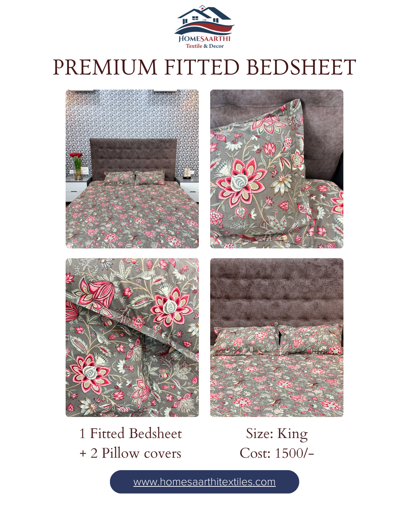 Grey & Pink Floral Premium King Fitted Bedsheet With 2 Pillow Covers HOME SAARTHI