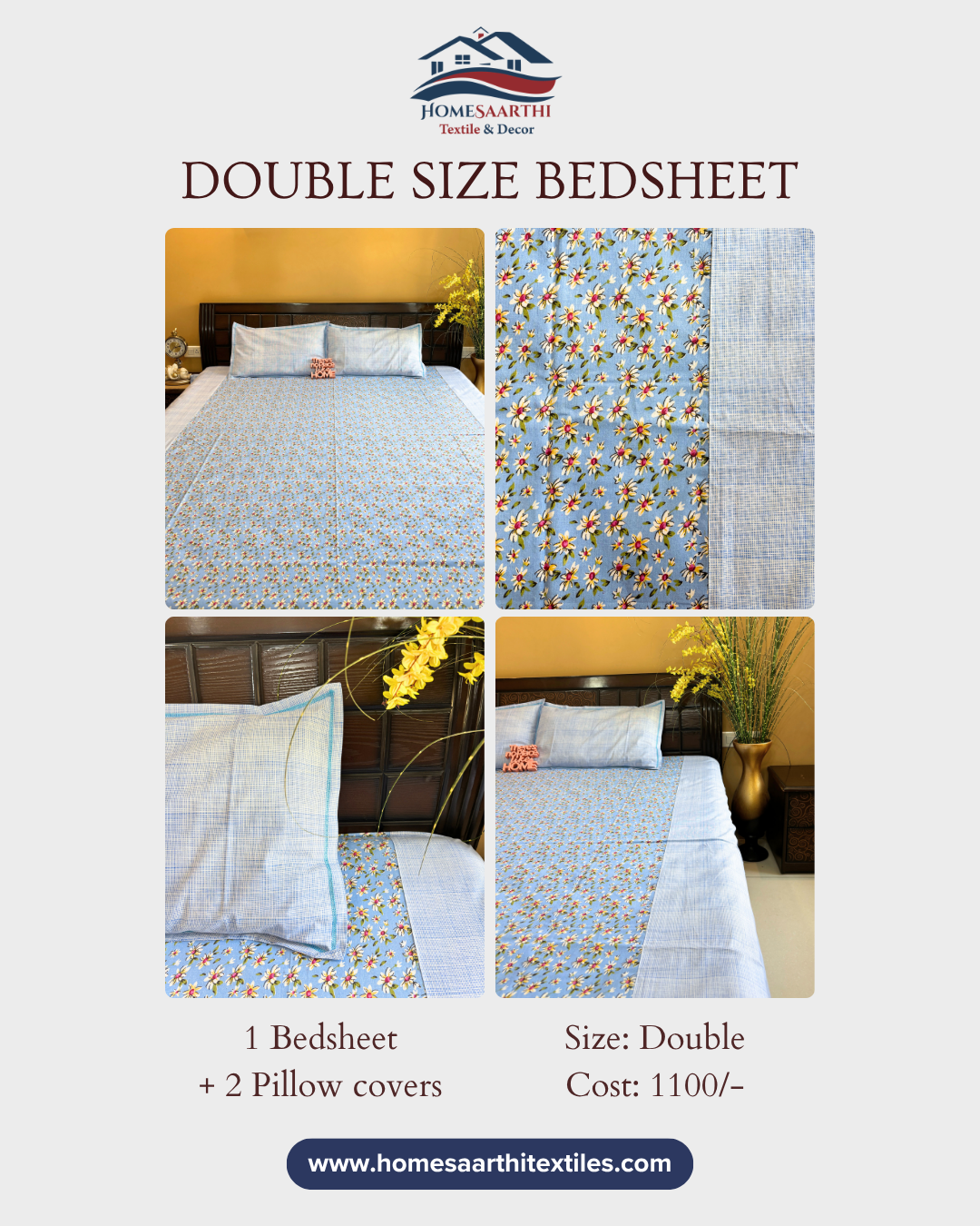 Sky Blue Floral Pinteresty Double Size Cotton Bedsheet HOME SAARTHI