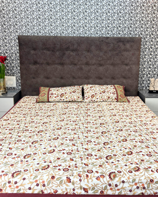 Cream & Maroon Floral Premium King Fitted Bedsheet With 2 Pillow Covers