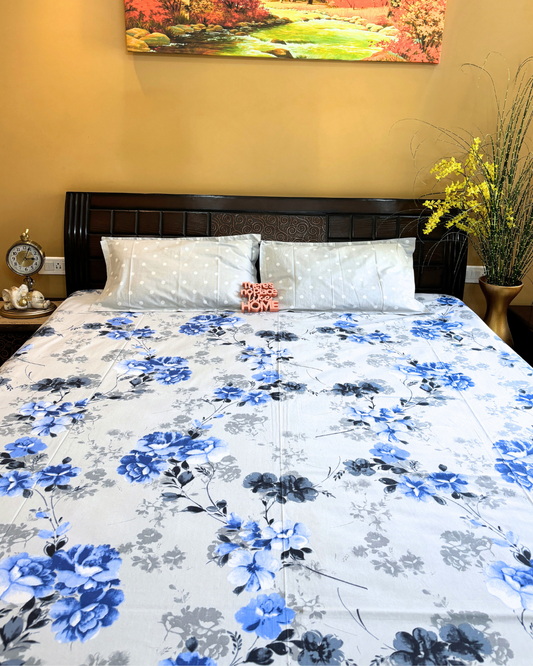 White and Blue Watercolor Floral Double Size Cotton Bedsheet HOME SAARTHI