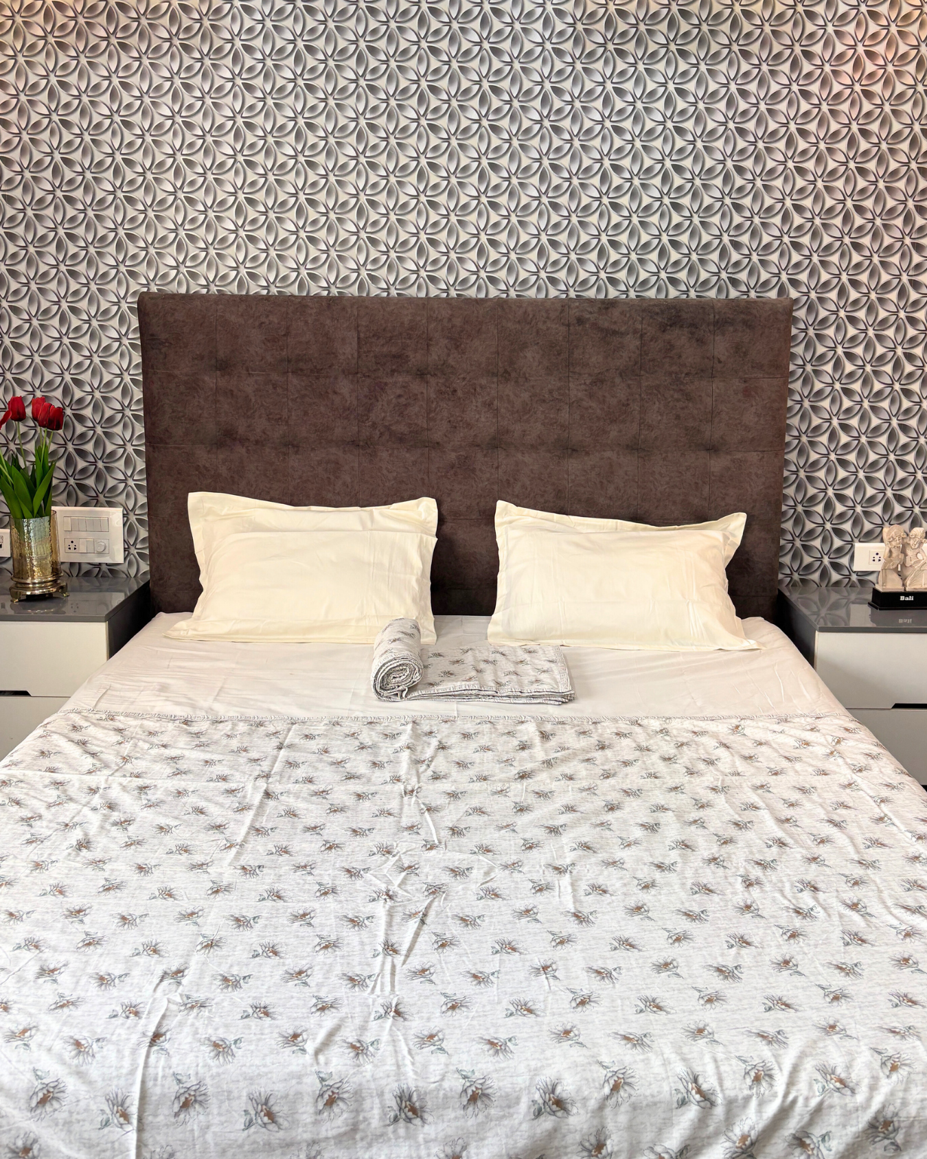Grey & White Floral with Geometric Print 3 Layered Mul-Mul Fabric Pure Cotton Double Sided Dohar HOME SAARTHI