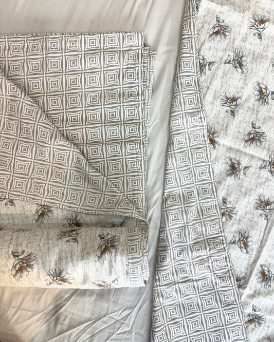 Grey & White Floral with Geometric Print 3 Layered Mul-Mul Fabric Pure Cotton Double Sided Dohar HOME SAARTHI