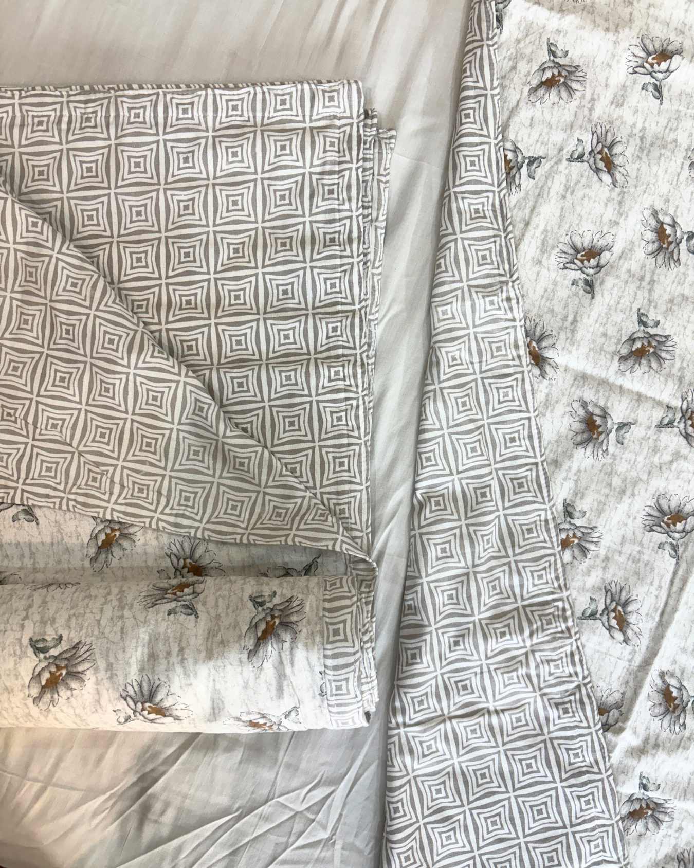 Grey & White Floral with Geometric Print 3 Layered Mul-Mul Fabric Pure Cotton Double Sided Dohar HOME SAARTHI