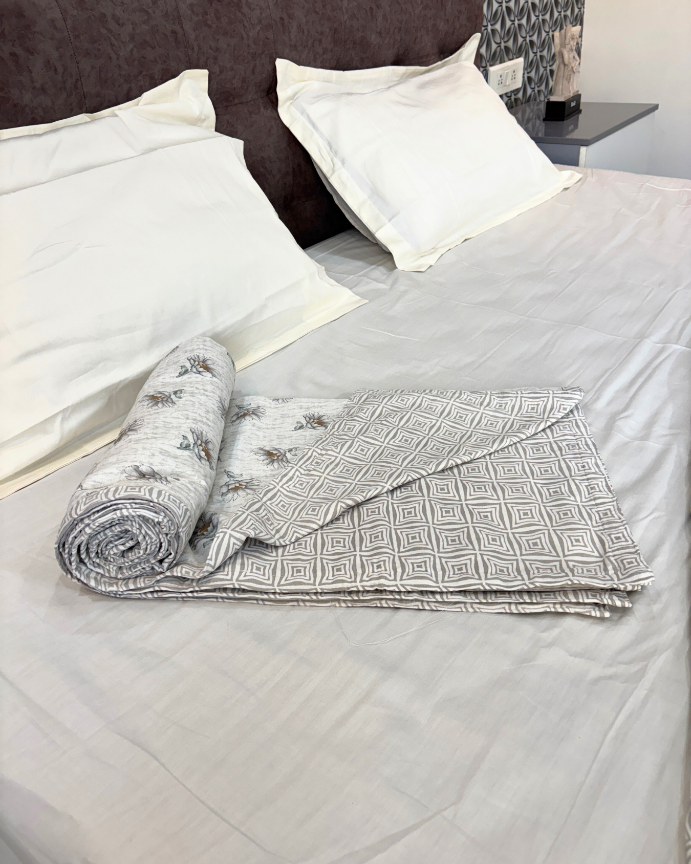 Grey & White Floral with Geometric Print 3 Layered Mul-Mul Fabric Pure Cotton Double Sided Dohar HOME SAARTHI