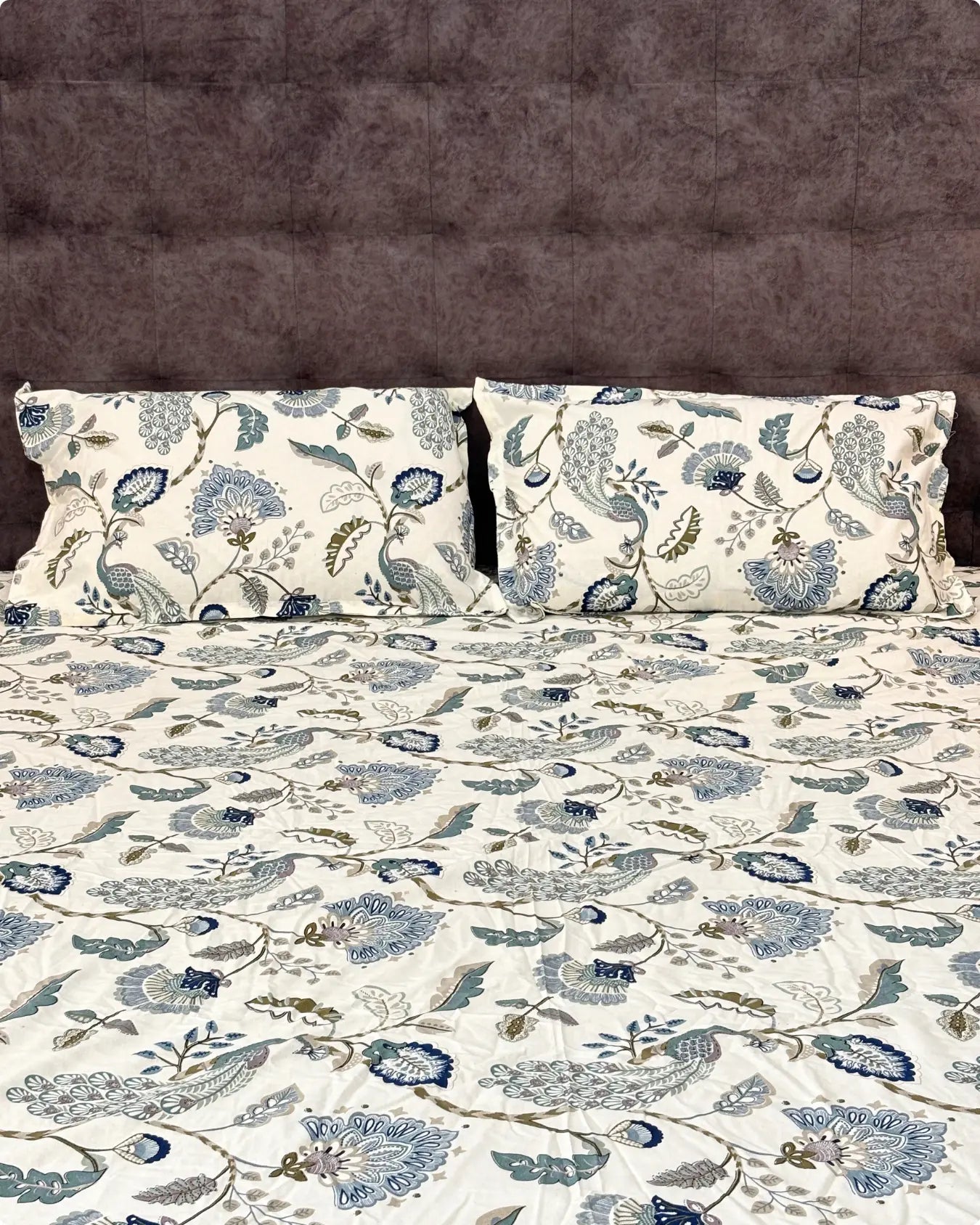 Blue and Olive Floral Premium King Fitted Bedsheet With 2 Pillow Covers HOME SAARTHI