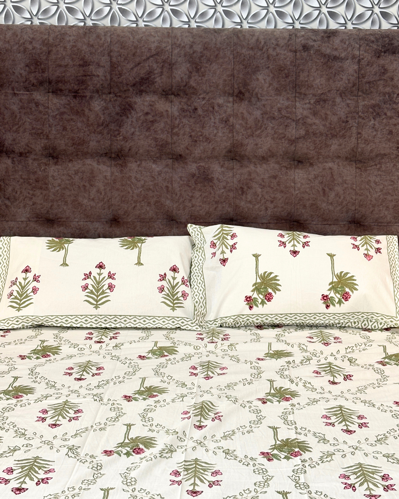 Cream and Sage Floral Jaipuri Cotton King Bedsheet With 2 Pillow Covers HOME SAARTHI