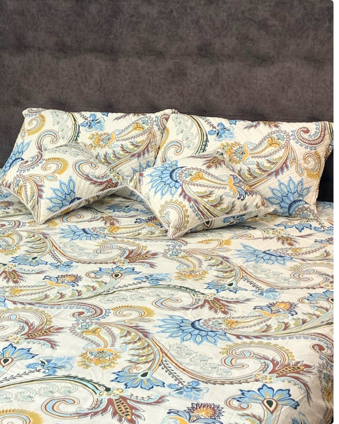 Premium 5 Piece Bedsheet Set – 90x100 | With 2 Pillow Covers & 2 Cushions (Quilted)