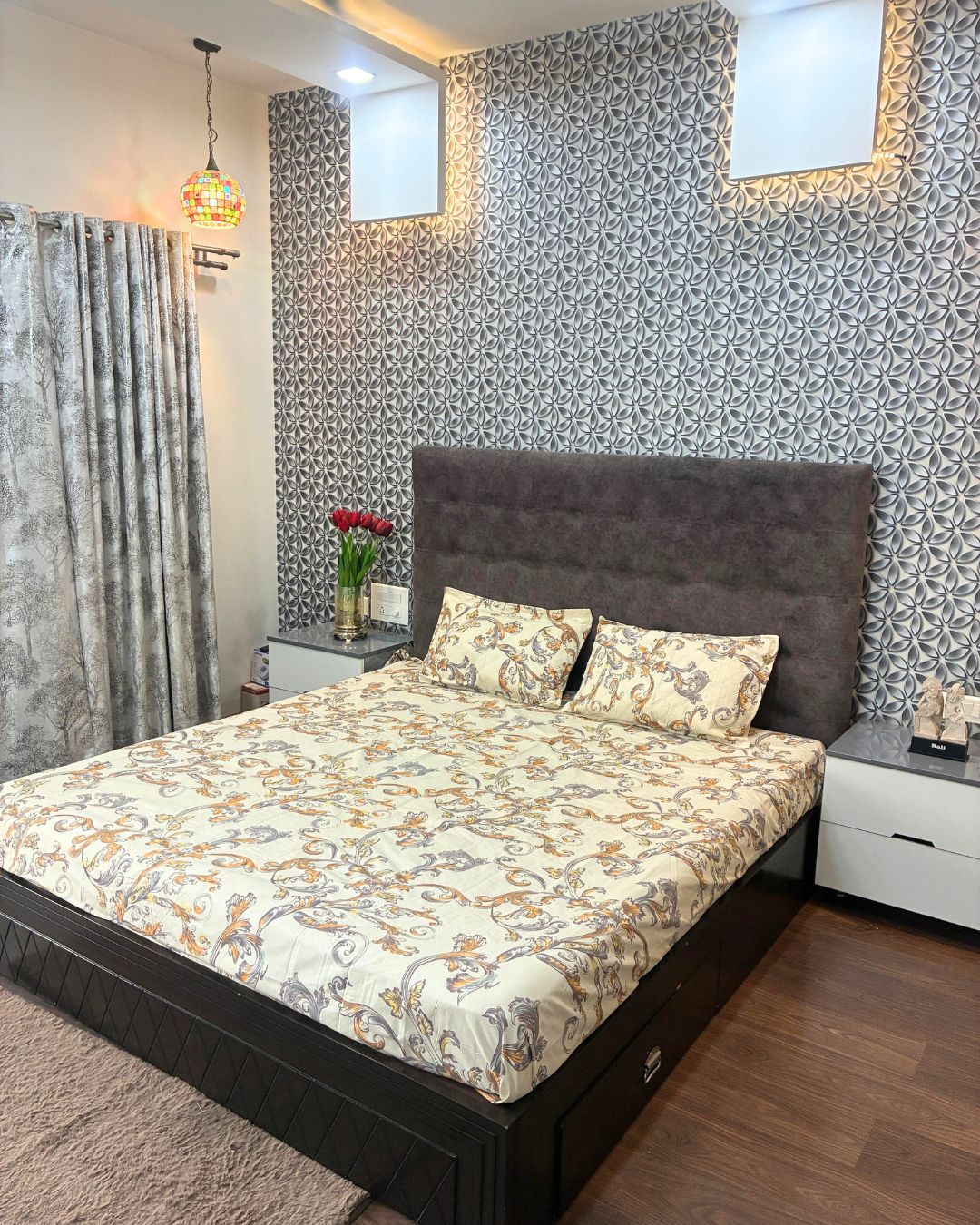 Ivory & Mustard Ornamental Floral King Size Bedsheets with Quilted Pillow Covers HOME SAARTHI