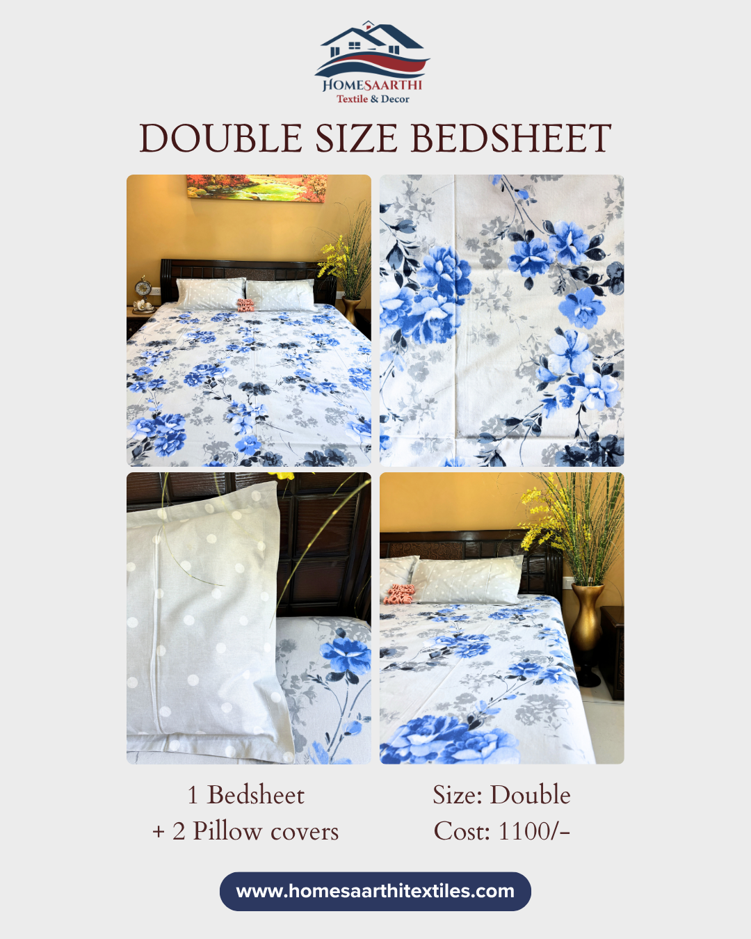 White and Blue Watercolor Floral Double Size Cotton Bedsheet HOME SAARTHI