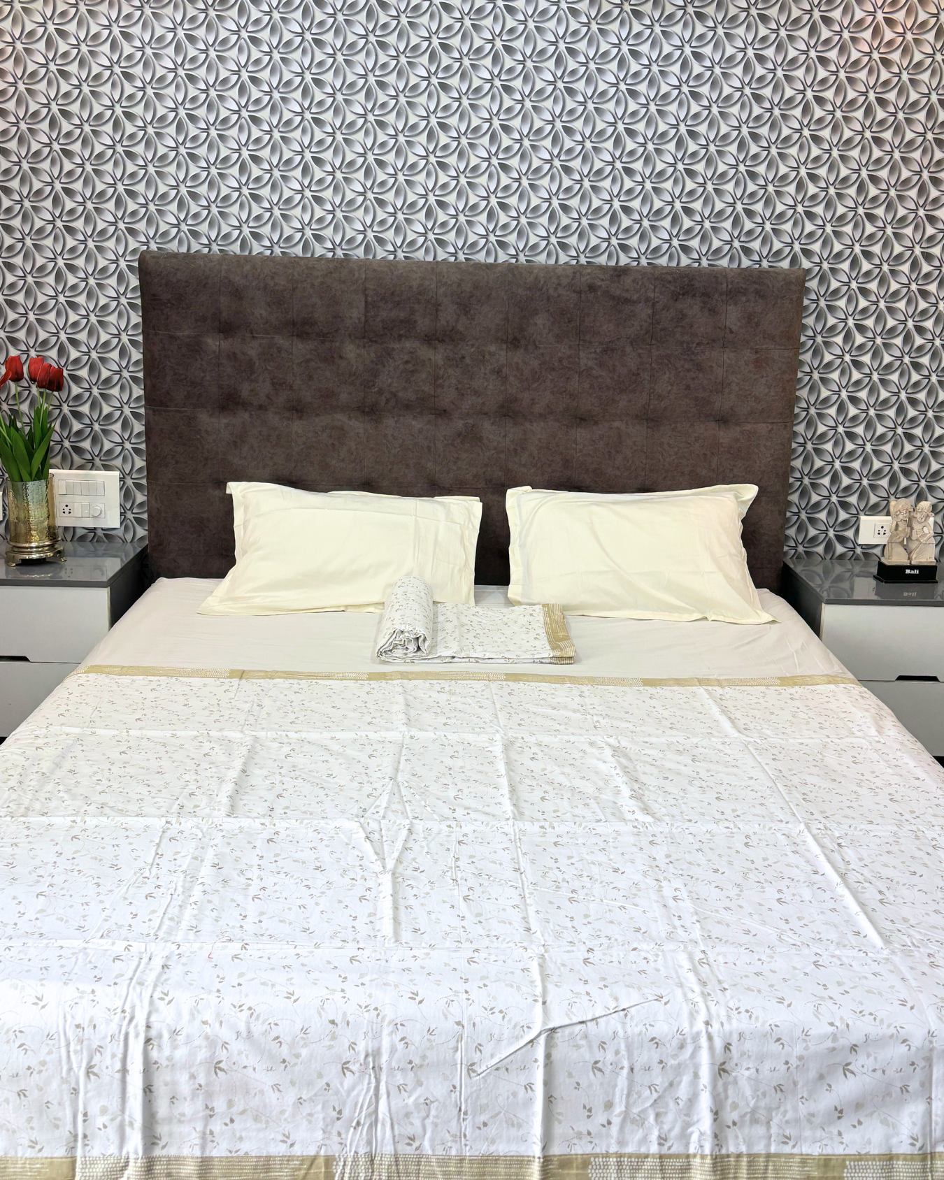 Beige & White Floral with Abstract Geometric Print 3 Layered Mul-Mul Fabric Pure Cotton Double Sided Dohar HOME SAARTHI