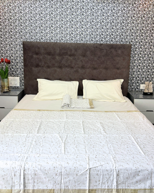 Beige & White Floral with Abstract Geometric Print 3 Layered Mul-Mul Fabric Pure Cotton Double Sided Dohar