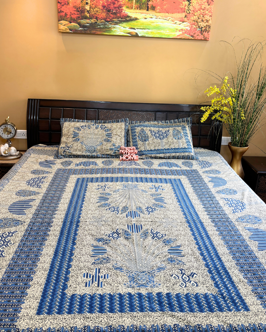 Indigo Blue Abstract Block Print Double Size Cotton Bedsheet HOME SAARTHI