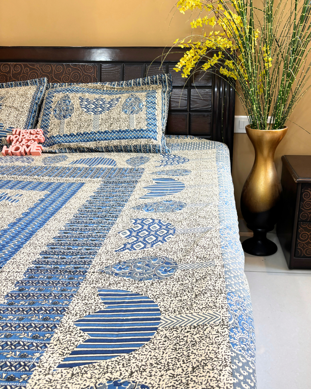 Indigo Blue Abstract Block Print Double Size Cotton Bedsheet HOME SAARTHI