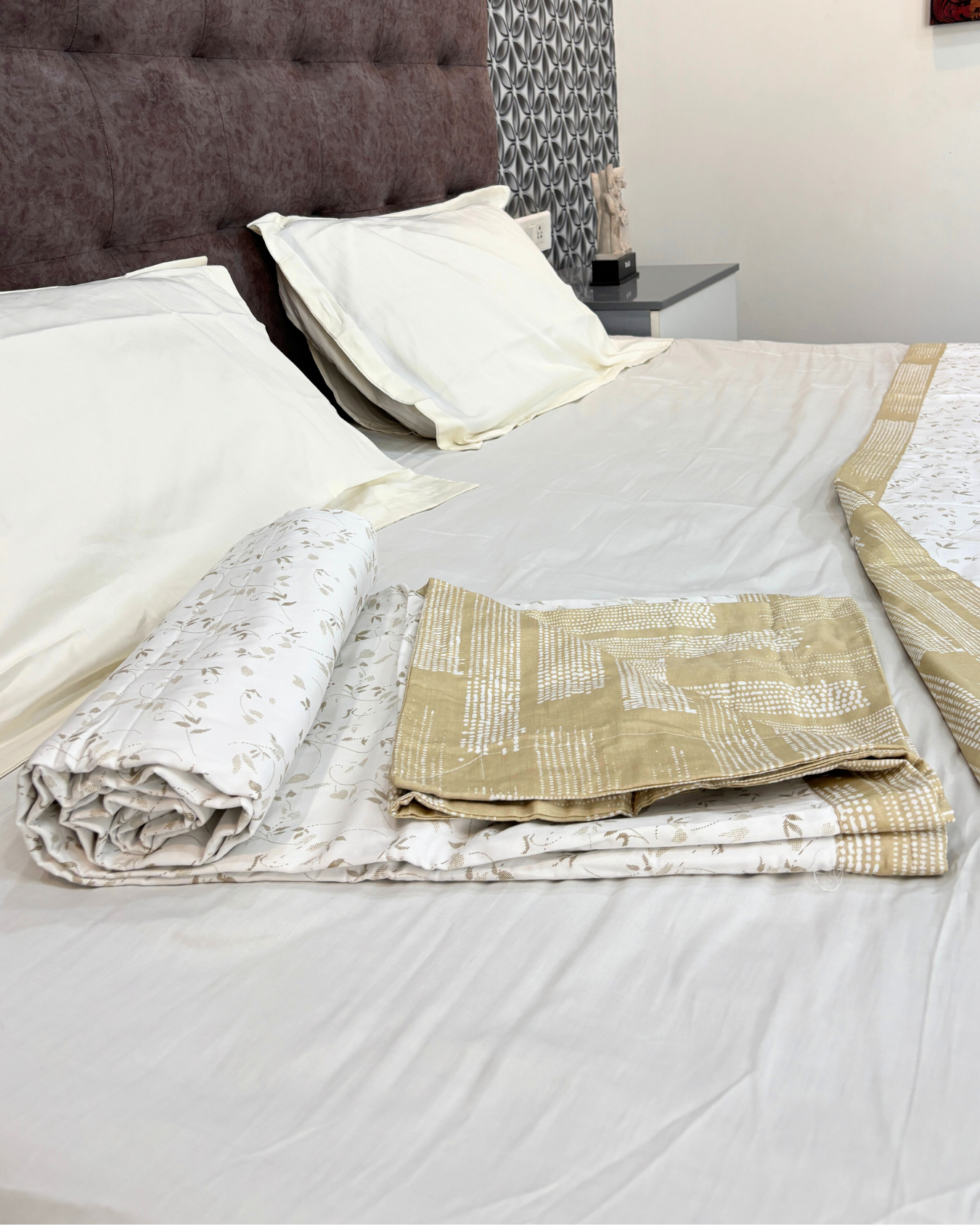 Beige & White Floral with Abstract Geometric Print 3 Layered Mul-Mul Fabric Pure Cotton Double Sided Dohar HOME SAARTHI