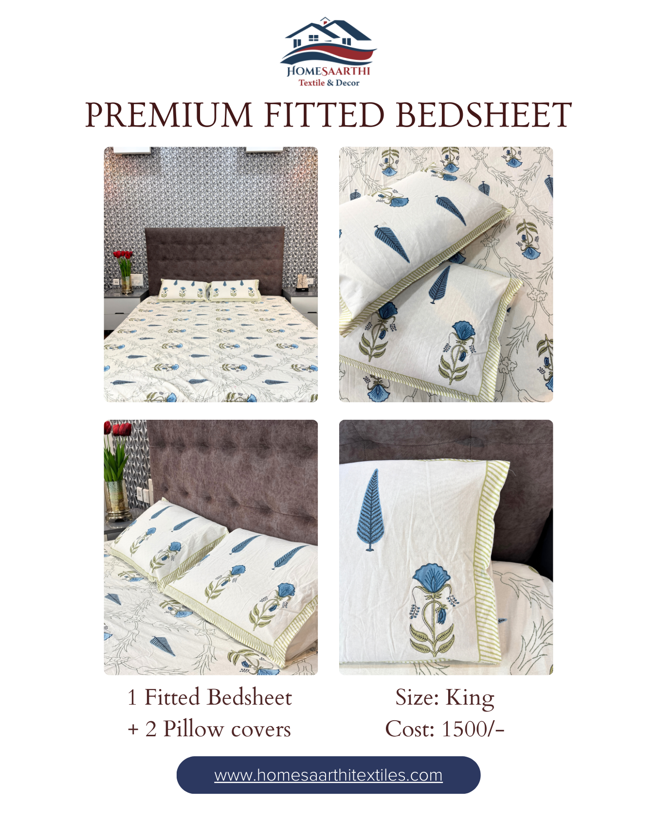 Ivory & Blue Floral Premium King Fitted Bedsheet With 2 Pillow Covers HOME SAARTHI