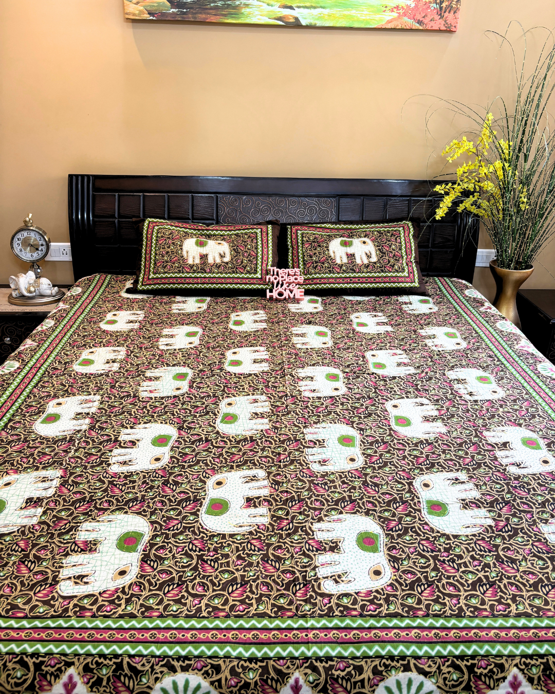 Brown and Green Elephant Floral Double Size Cotton Bedsheet HOME SAARTHI