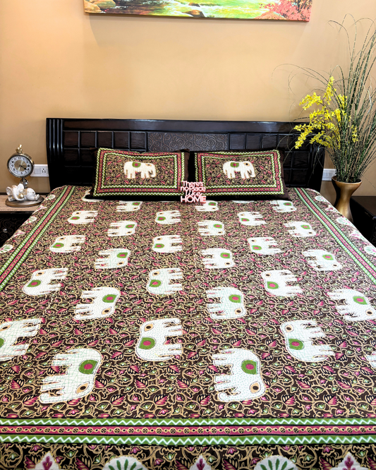 Brown and Green Elephant Floral Double Size Cotton Bedsheet HOME SAARTHI