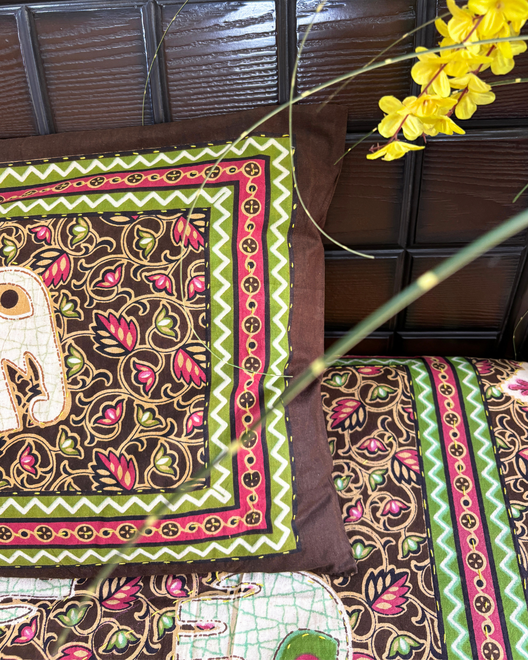 Brown and Green Elephant Floral Double Size Cotton Bedsheet HOME SAARTHI