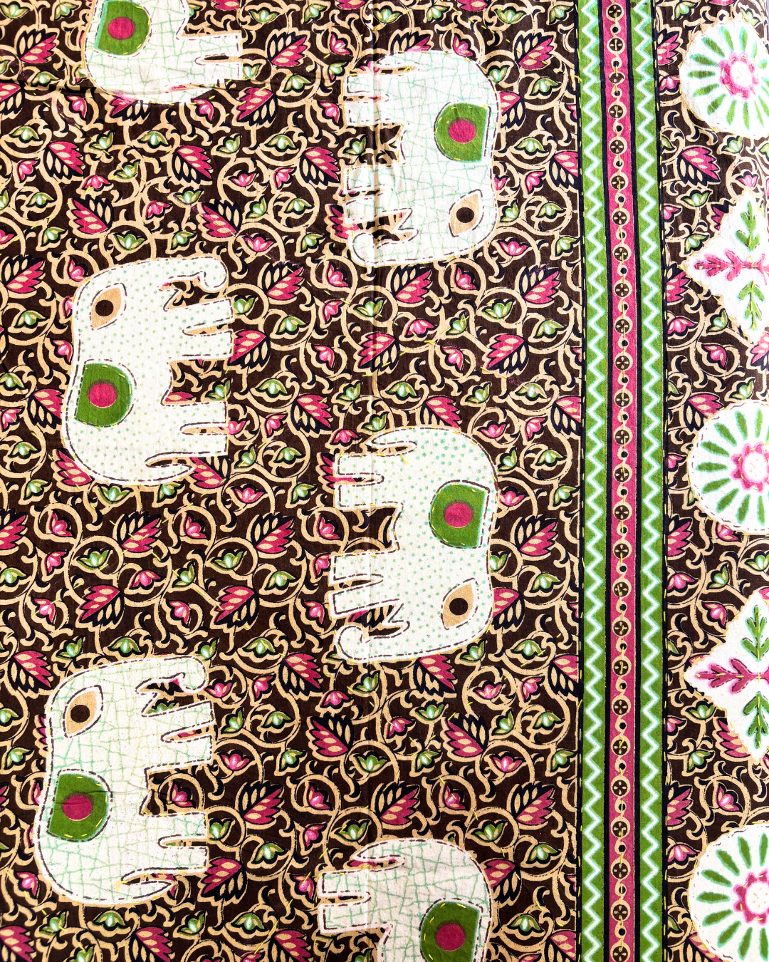 Brown and Green Elephant Floral Double Size Cotton Bedsheet HOME SAARTHI