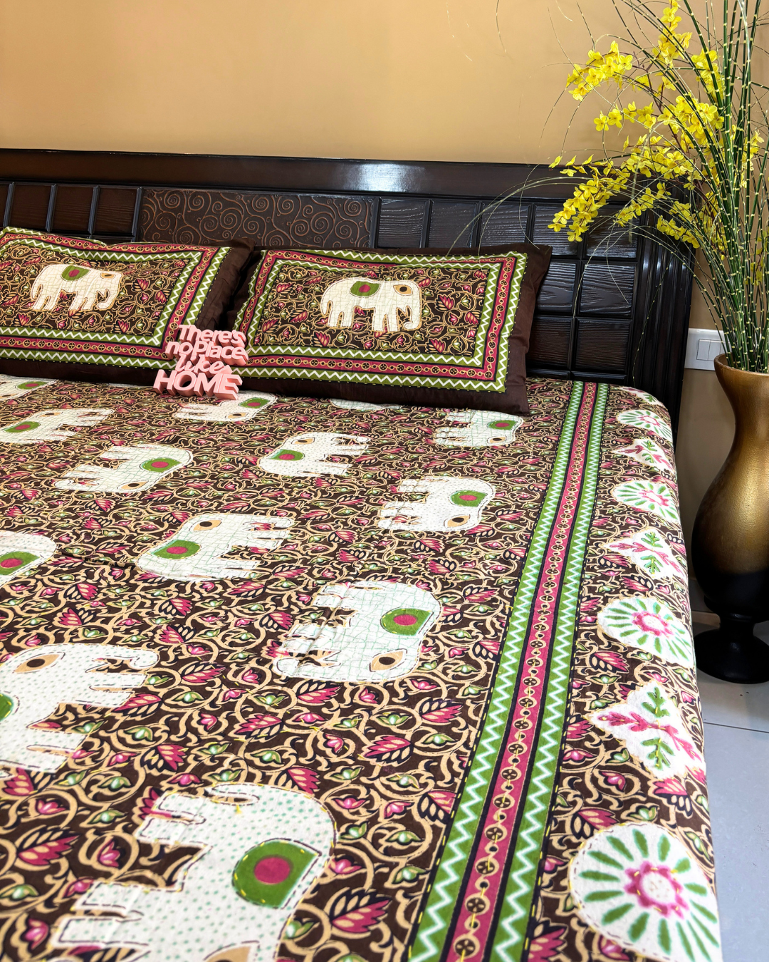Brown and Green Elephant Floral Double Size Cotton Bedsheet HOME SAARTHI
