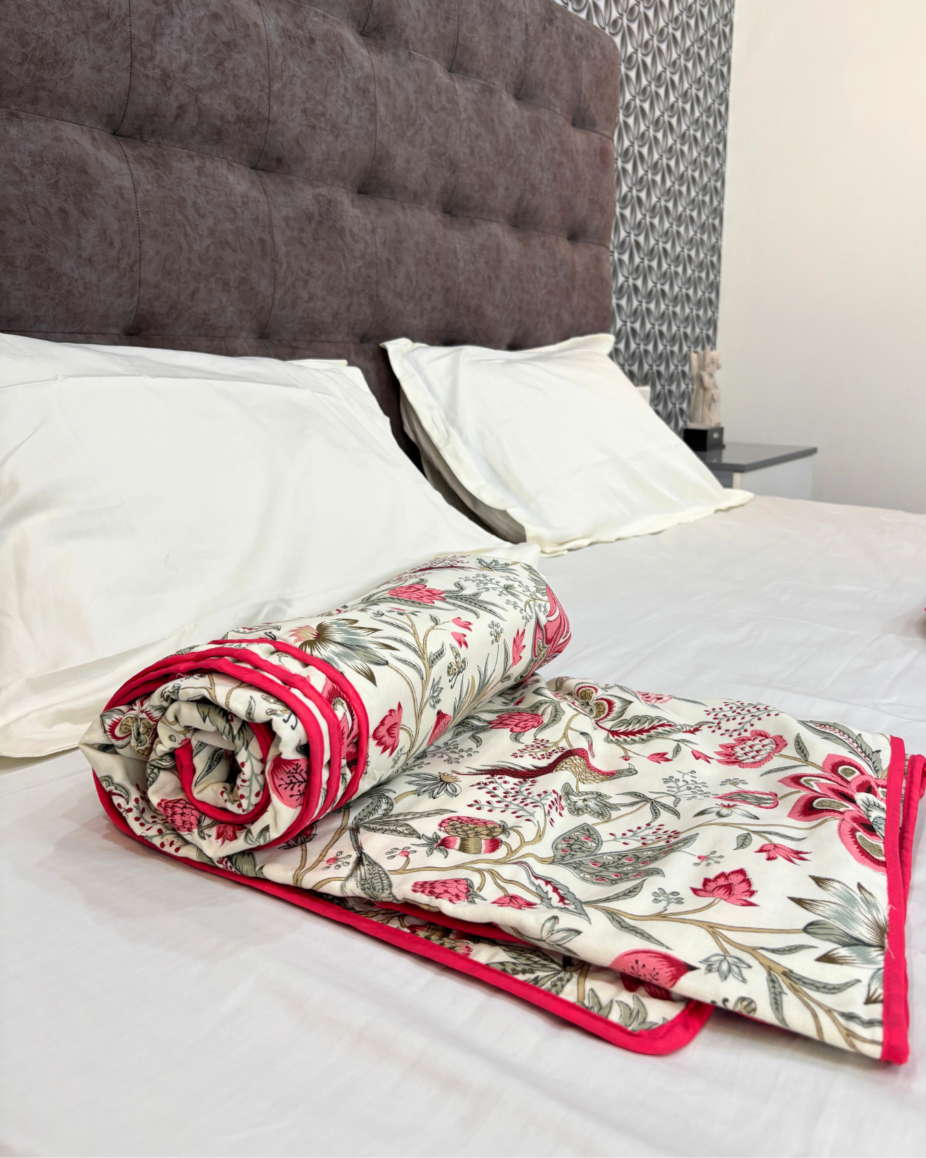 White & Pink Floral 3 Layered Mul-Mul Fabric Pure Cotton Dohar