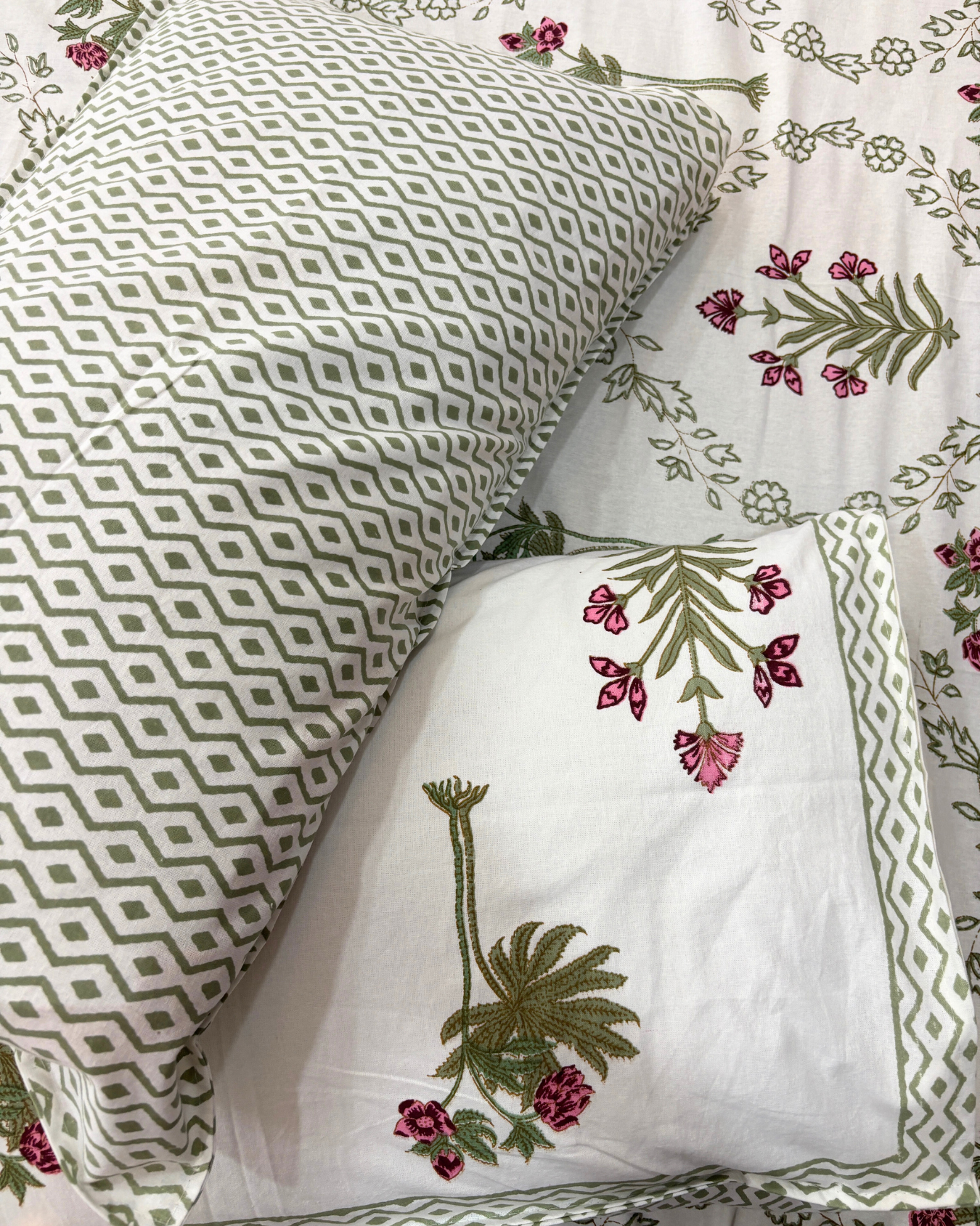 Cream and Sage Floral Jaipuri Cotton King Bedsheet With 2 Pillow Covers HOME SAARTHI