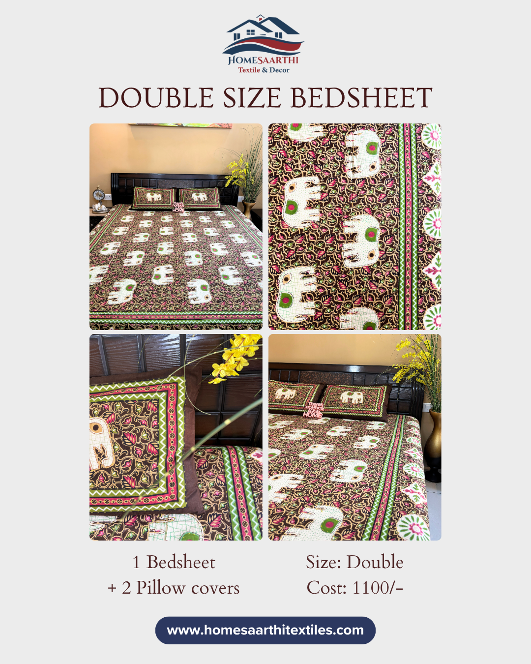 Brown and Green Elephant Floral Double Size Cotton Bedsheet HOME SAARTHI