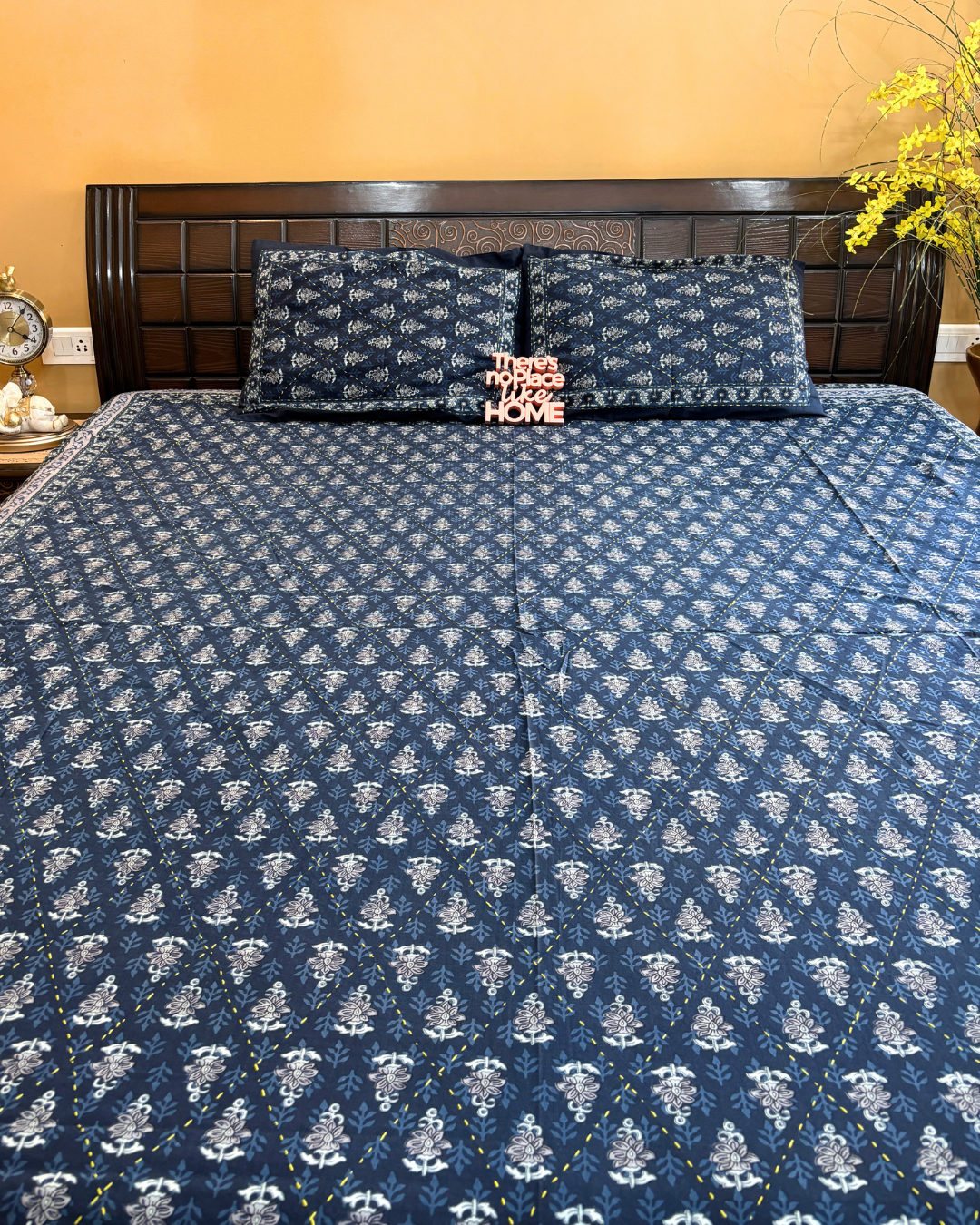 Indigo Blue Floral Block Print Double Size Cotton Bedsheet HOME SAARTHI