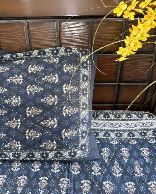 Indigo Blue Floral Block Print Double Size Cotton Bedsheet HOME SAARTHI