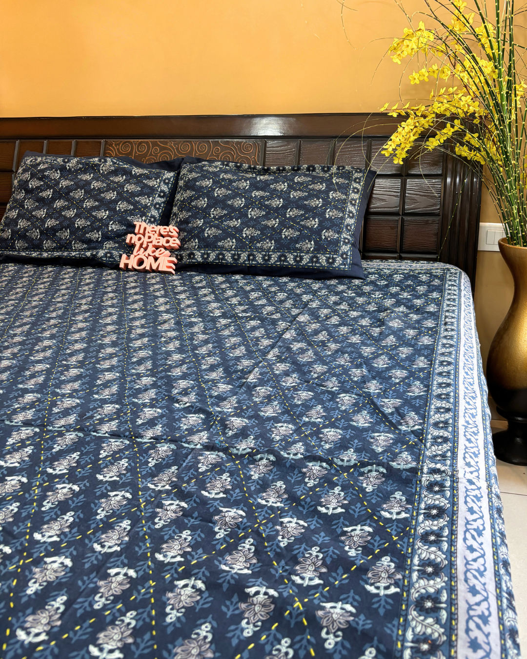 Indigo Blue Floral Block Print Double Size Cotton Bedsheet HOME SAARTHI