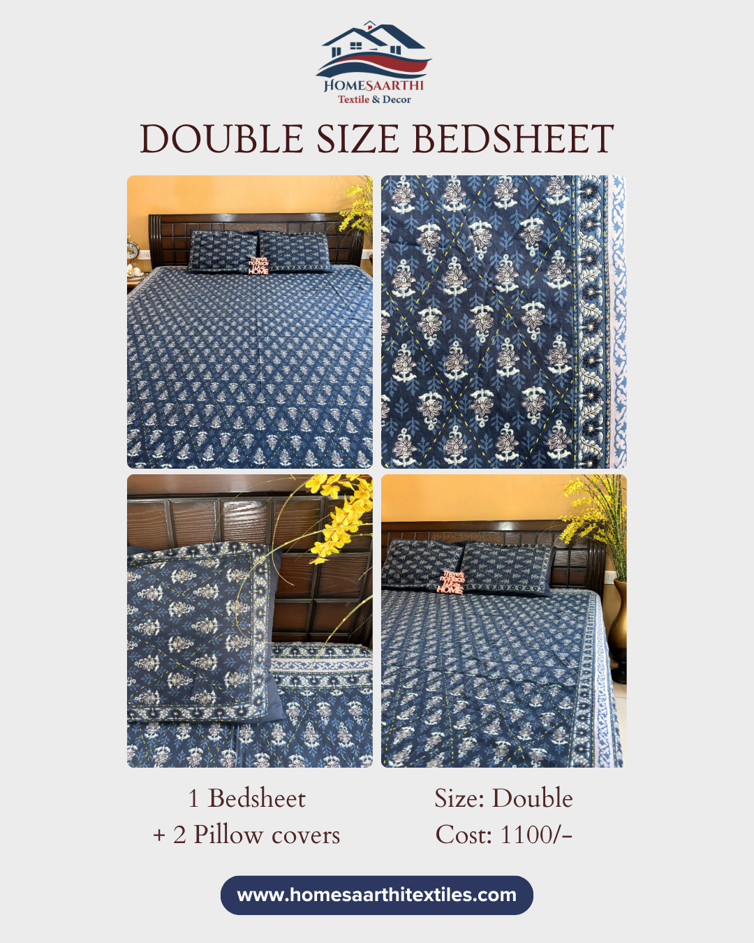 Indigo Blue Floral Block Print Double Size Cotton Bedsheet HOME SAARTHI