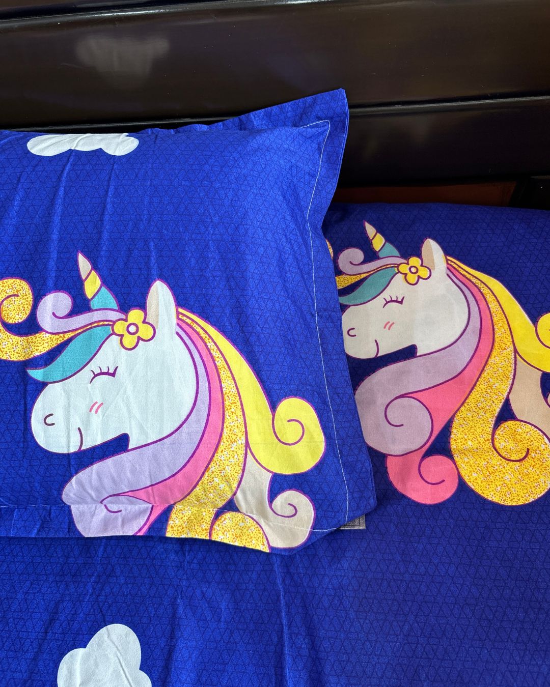 Royal Blue Unicorn & Star Print King Size Bedsheets HOME SAARTHI