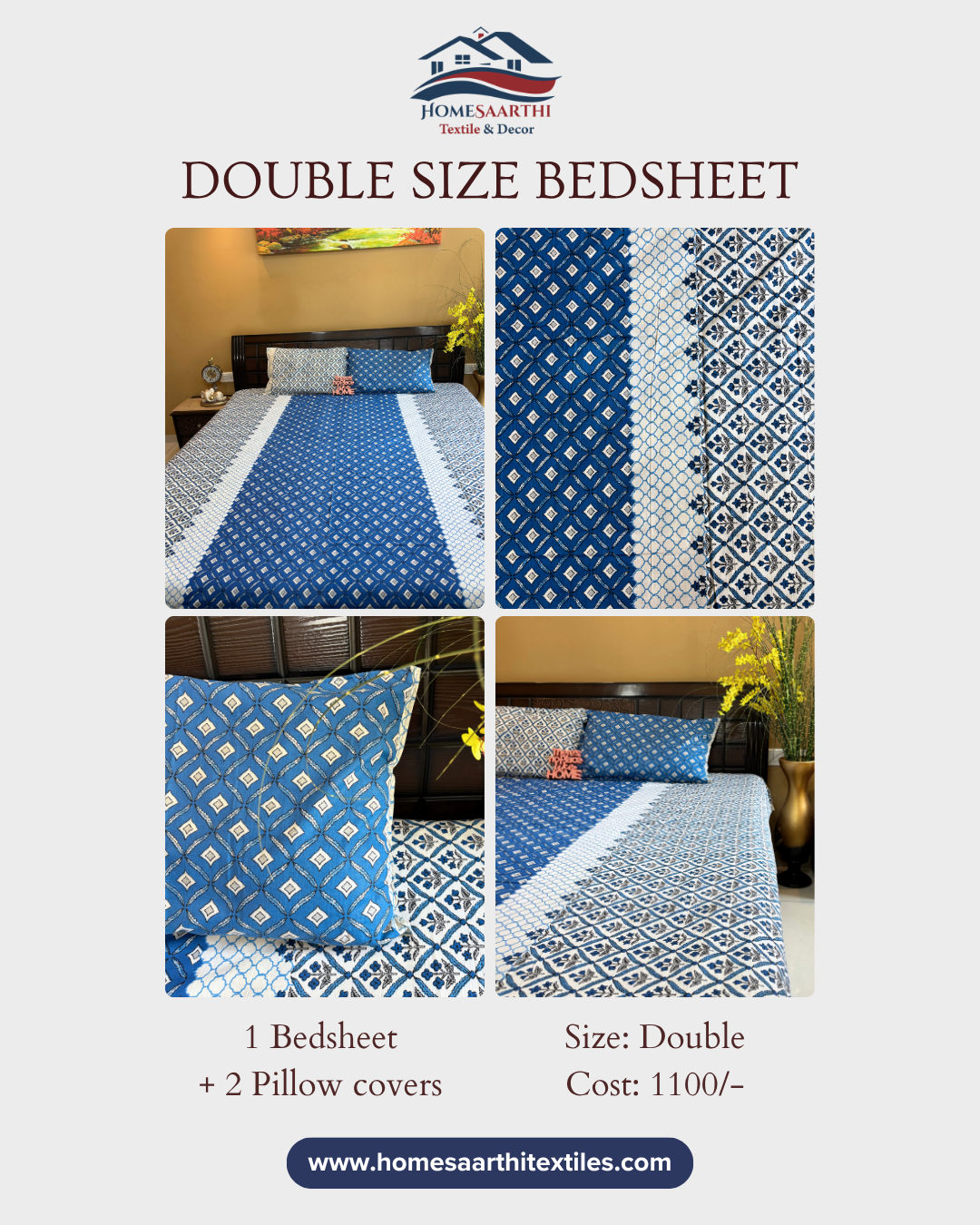Indigo Blue Geometric Block Print Double Size Cotton Bedsheet HOME SAARTHI