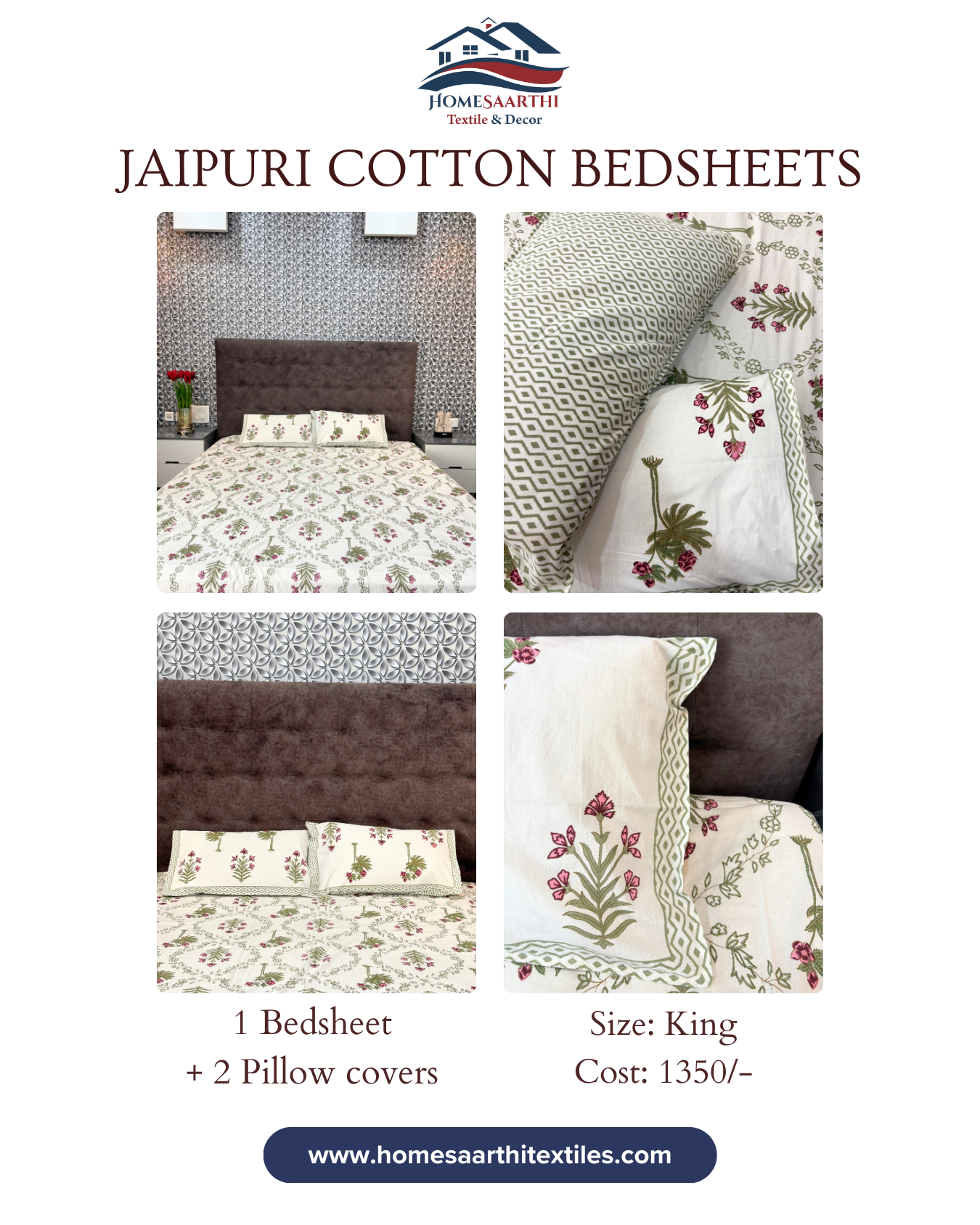 Cream and Sage Floral Jaipuri Cotton King Bedsheet With 2 Pillow Covers HOME SAARTHI