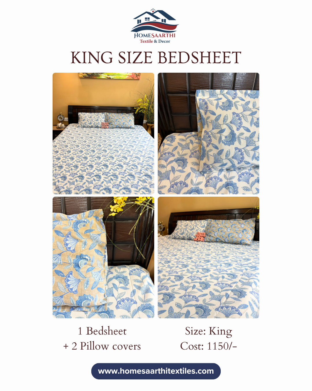 Blue and Cream Botanical Floral King Size Cotton Bedsheet HOME SAARTHI