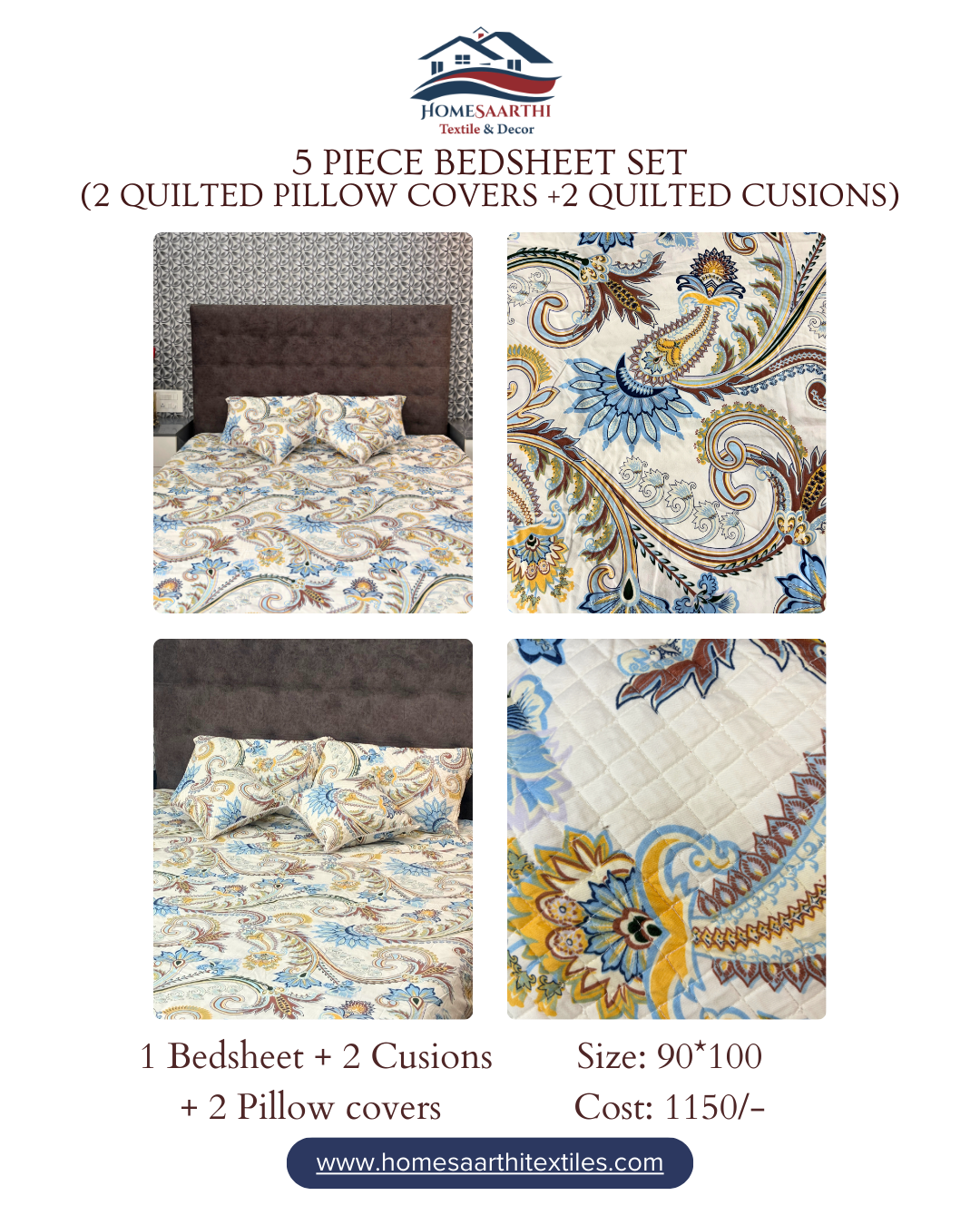Premium 5 Piece Bedsheet Set – 90x100 | With 2 Pillow Covers & 2 Cushions (Quilted)