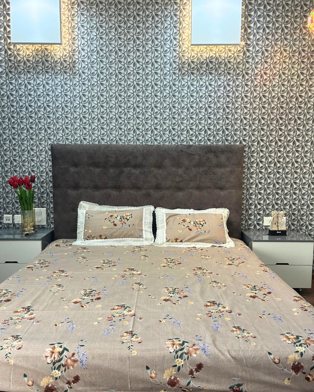 Chocolate Brown & Multicolor Floral King Size Bedsheets with Laced Pillow Covers HOME SAARTHI
