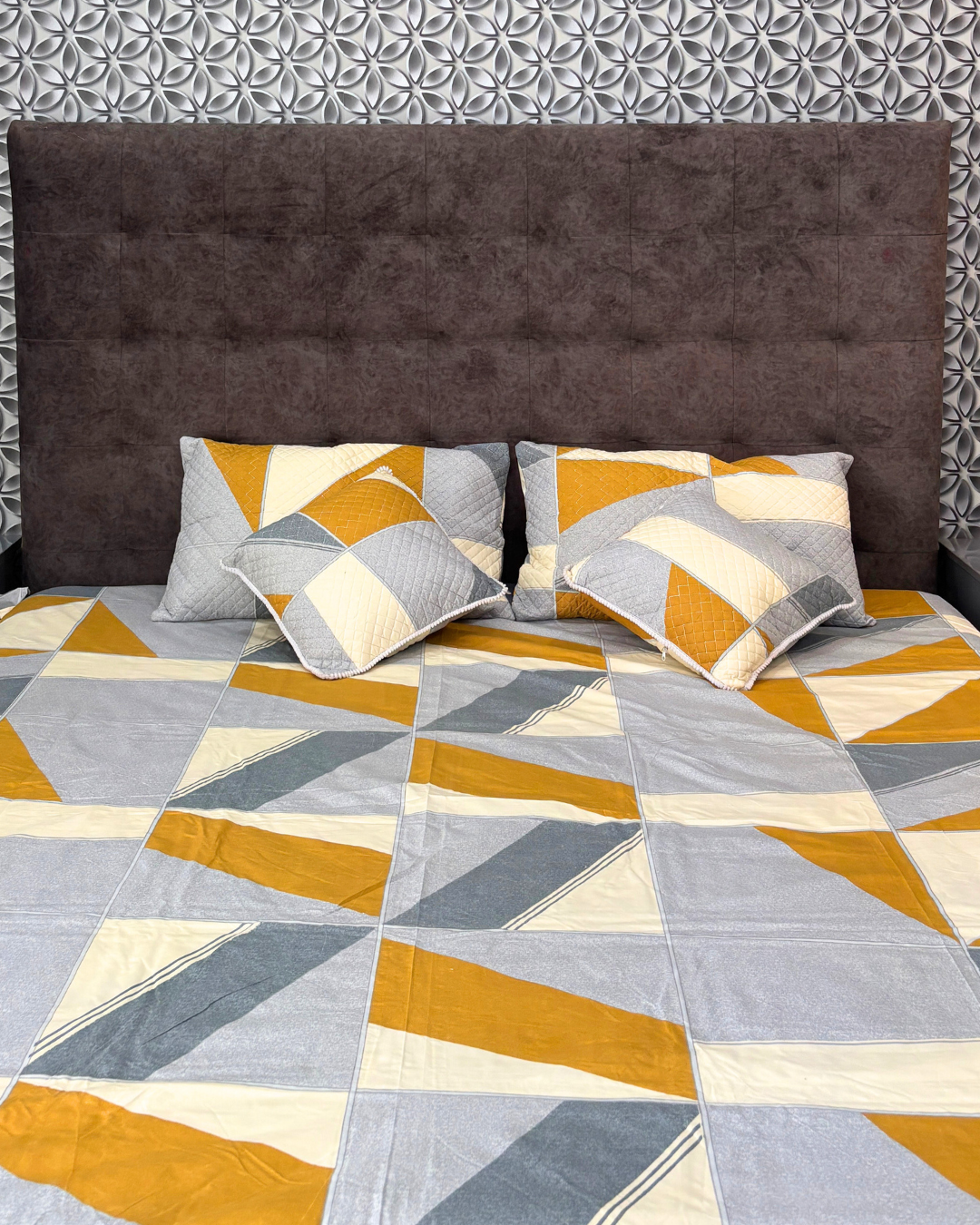 Premium Geometric 5 Piece Bedsheet Set – 90x100 | Grey & Mustard (Quilted Pillow Covers & 2 Cushions)
