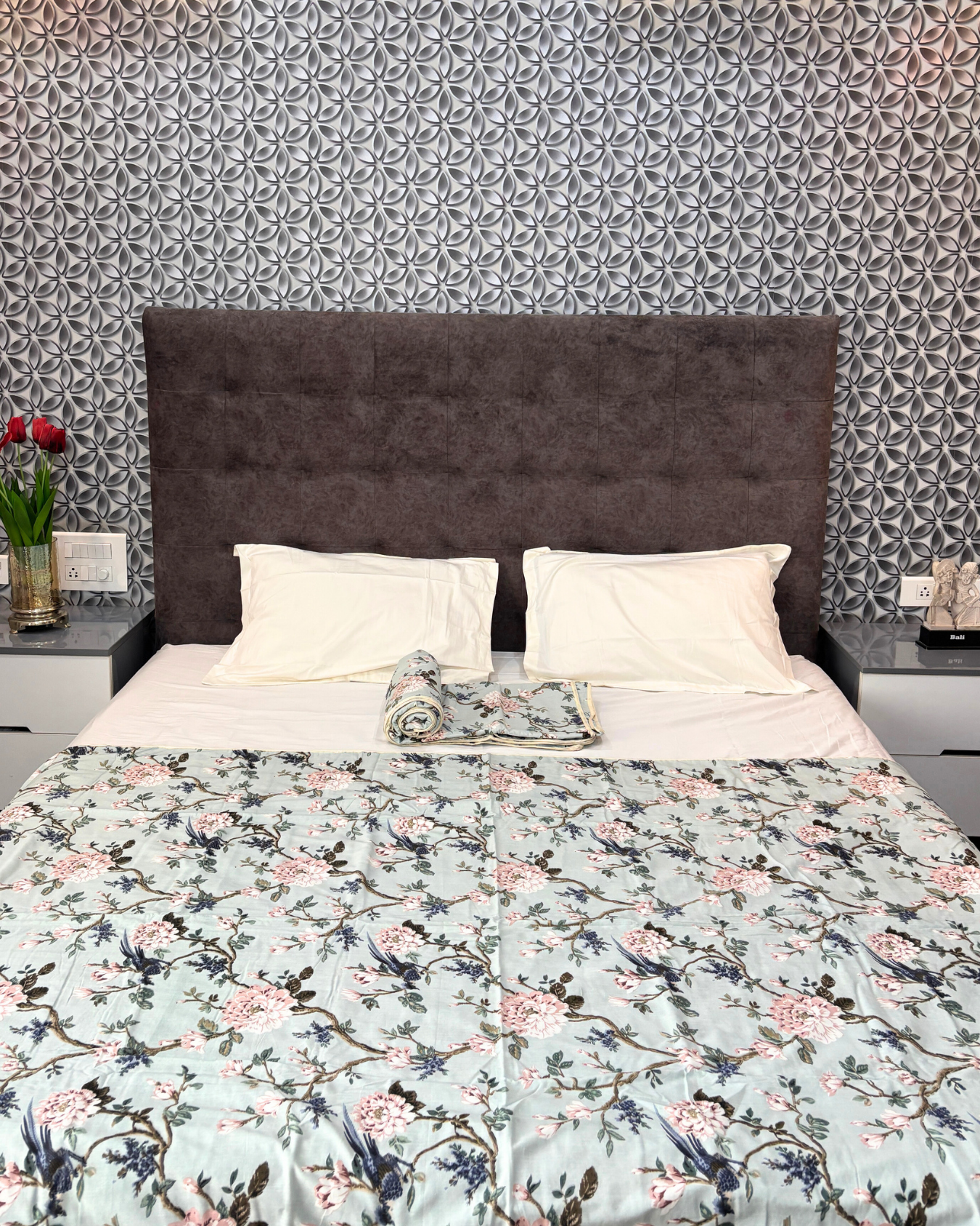 Pastel Mint Green Floral & Bird Print 3 Layered Mul-Mul Fabric Pure Cotton Dohar