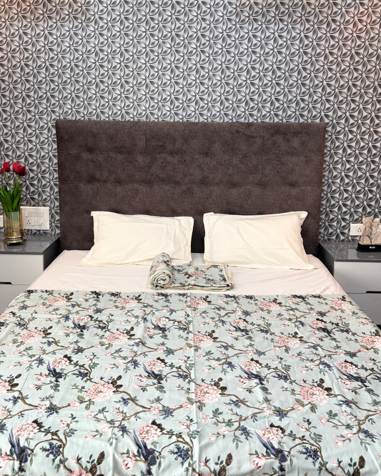 Pastel Mint Green Floral & Bird Print 3 Layered Mul-Mul Fabric Pure Cotton Dohar