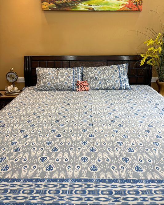 Grey and Blue Ikat Geometric King Size Cotton Bedsheet HOME SAARTHI