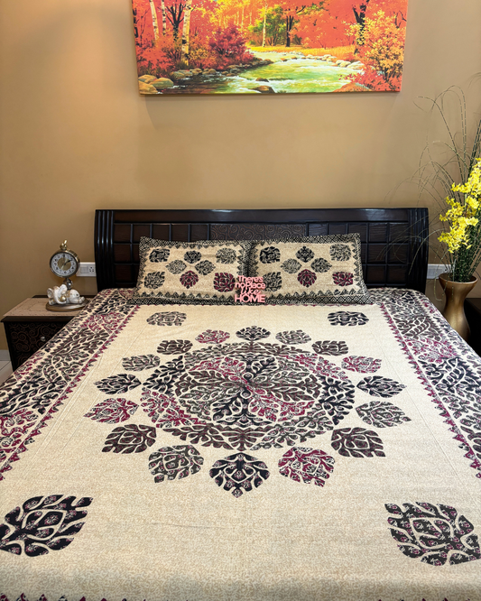 Beige and Wine Floral Mandala Double Size Cotton Bedsheet HOME SAARTHI